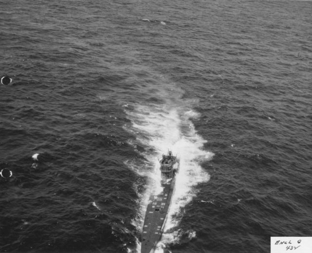 Aerial view of German sub just after crew abandoned ship.