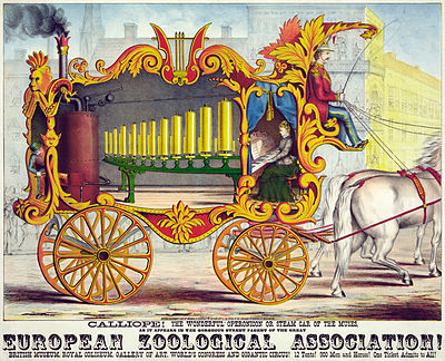 "Calliope, the wonderful operonicon or steam car of the muses" – advertising poster, 1874
