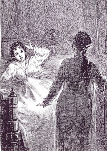 Laura in bed, illustration by D.H. Friston, 1872
