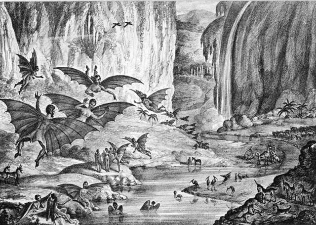 Great Moon Hoax lithograph of "ruby amphitheater" for The Sun, August 28, 1835 (4th article of 6)