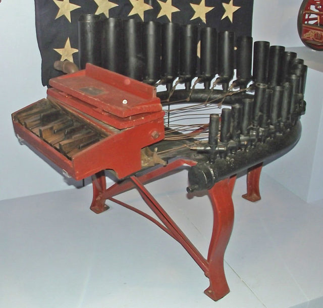 This is a miniature 24-whistle steam calliope (ca 1901) built in Cincinnati by George Kratz and is possibly the only Kratz steam calliope still in existence. This calliope was used on the fifth Frenchs ‘’New Sensation’’ (1901-1918) a showboat Captained by Augustus French and his wife, Callie French. The calliope is now in the collection at The Mariners’ Museum. Photo credit