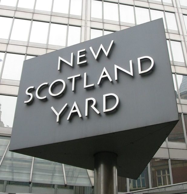 The sign outside the current New Scotland Yard building, located in Victoria, London