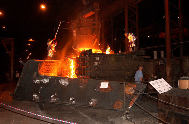 Steel from the World Trade Center is melted and poured for construction of New York, September 2003
