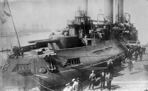 Russian battleship Tsesarevich, a pre-dreadnought battleship of the Imperial Russian Navy, docked Krondsdat, ca. 1915. Note dark wartime scheme Photo Credit