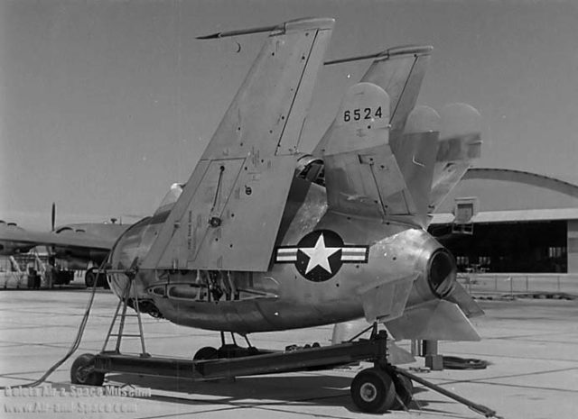 The XF-85 is only five feet wide with its wings folded. (still frame from US Air Force film 17593 XF-85 Initial Flight)