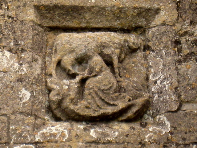 A stone carving depicting St Brigid milking a cow. The carving is alongside the west arch of St Michaels Tower. Photo Credit