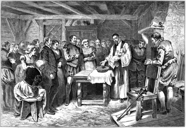 Baptism of Virginia Dare, the first English child born in North America. Lithograph, 1880.