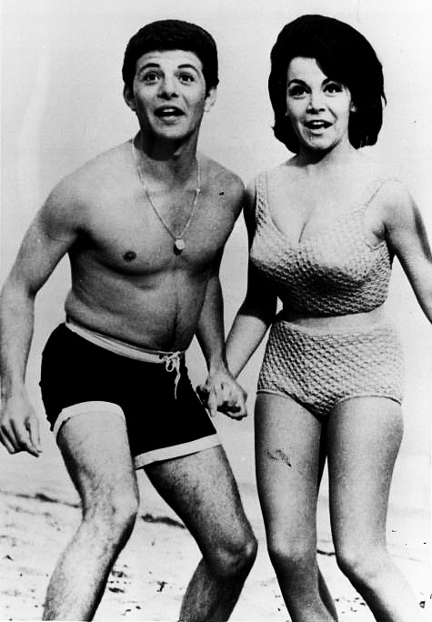 Publicity photo of Frankie Avalon and Annette Funicello for Beach Party films (c. 1960s). Funicello was not permitted to expose her navel.