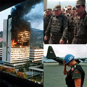 A combo picture shows different stories from the siege of Sarajevo in May, 1992, including General Ratko Mladić (top right), UN peacekeepers at the airport in Sarajevo and the Executive Council Building (Zgrada Izvršnog Vijeća) in the centre of the city after it was hit by a Serb tank shell. Photo by Mikhail Evstafiev. Photo credit