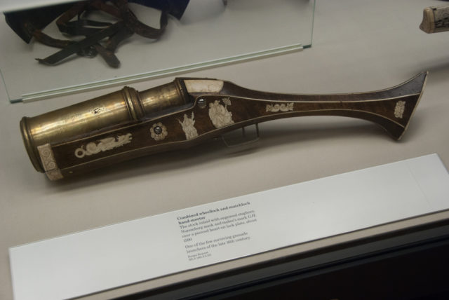 Combined wheellock and matchlock hand-mortar. One of the few surviving grenade launchers of the late 16th century. Photo Credit