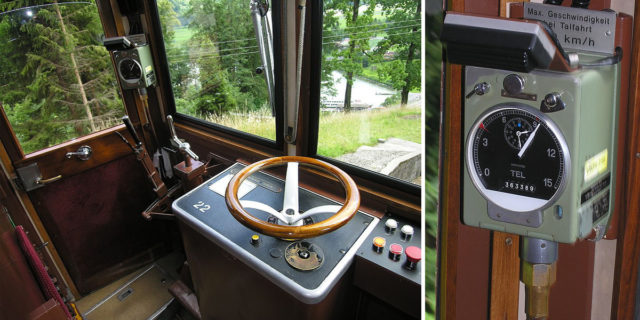 Driver place in Pilatus Railway and Pilatus train speedometer. Photo Credit