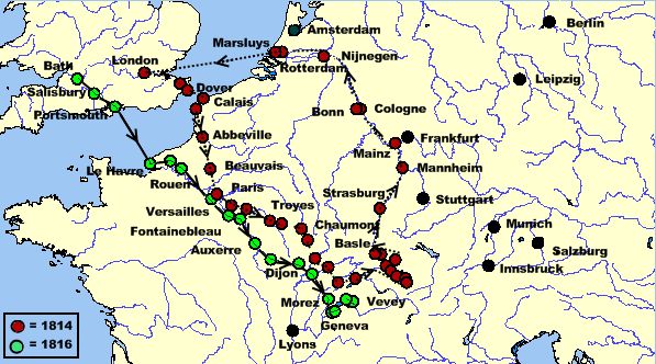 Routes of the 1814 and 1816 Continental tours. Photo credit