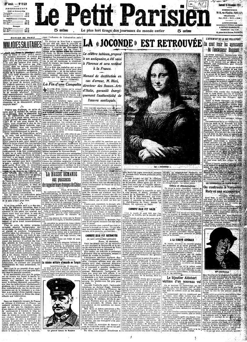 "La Joconde est Retrouvée" ("Mona Lisa is Found"), Le Petit Parisien, 13 December 1913