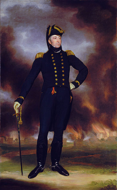 The burning of Washington forms the background to this portrait of Rear Admiral George Cockburn. At background right is the burning of the US Treasury Building and the Capitol Building