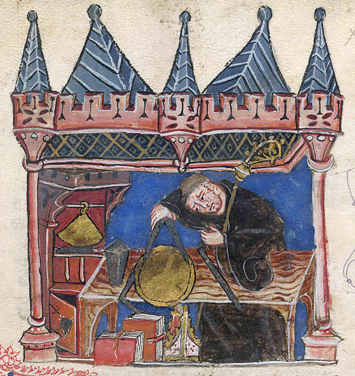 A medieval scholar making precise measurements in a 14th-century manuscript illustration