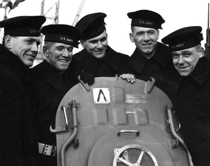 The Sullivan brothers on board the USS Juneau; from left to right: Joseph, Francis, Albert, Madison and George.