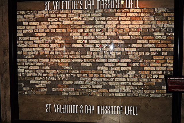 The bullet-pocked wall from the St Valentine’s Day Massacre, when Al Capone gunmen wiped out most of Bugs Moran’s gang. Photo Credit