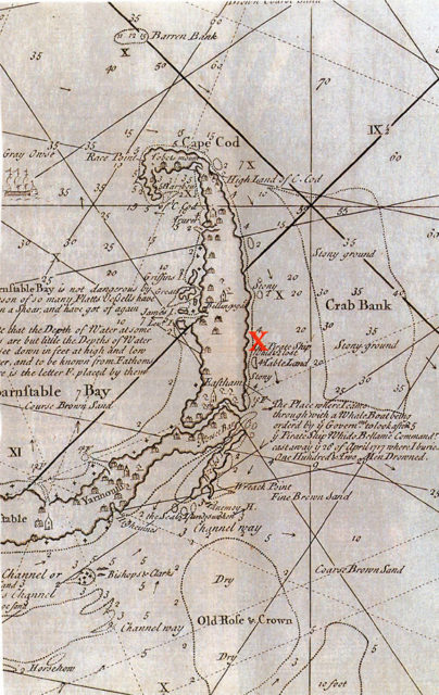 The location of the wrecked Whydah Gally in Wellfleet, Massachusetts, on Cape Cod.