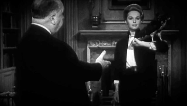 Hedren with Alfred Hitchcock in a teaser for The Birds.