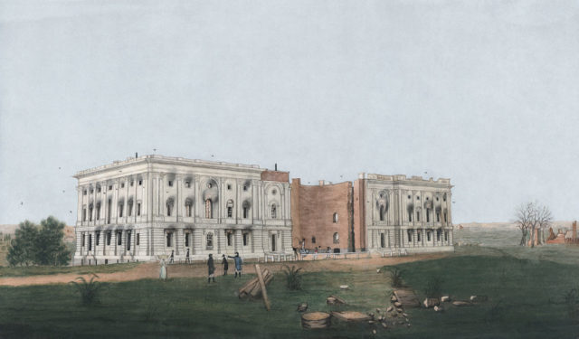The United States Capitol after the burning of Washington, D.C. in the War of 1812. Watercolor and ink depiction from 1814, restored.