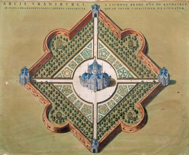 A coloured print of Tycho Brahe's Uraniborg palace-observatory