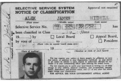 Fake Selective Service System (draft) card in the name of "Alek James Hidell", found on Oswald when arrested. 