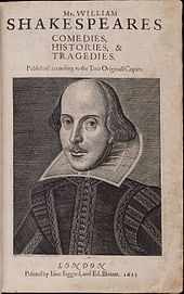 Title page of the First Folio, 1623. Copper engraving of Shakespeare by Martin Droeshout.
