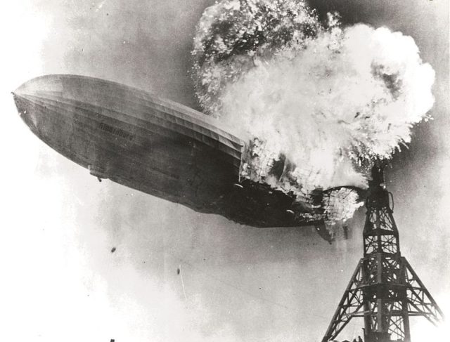 The Zeppelin LZ 129 Hindenburg catching fire on May 6, 1937 at Lakehurst Naval Air Station in New Jersey.