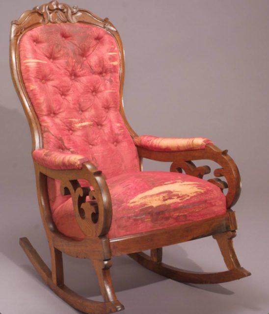 The chair in which President Abraham Lincoln was assassinated, April 14, 1865.