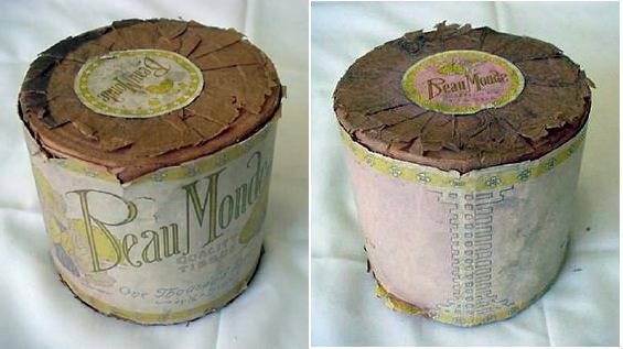 Rare Early roll of household TOILET PAPER in a fancy decorative wrapper. “BEAU MONDE” Quality Tissue, 1000 sheets 4 1/2 x 5 in. (Regular size) The wrapper is faded but shows two beautiful ladies and a gentleman in pink, white and yellow. Photo Credit