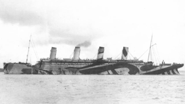 HMT Olympic in dazzle camouflage while in service as a troopship during World War I