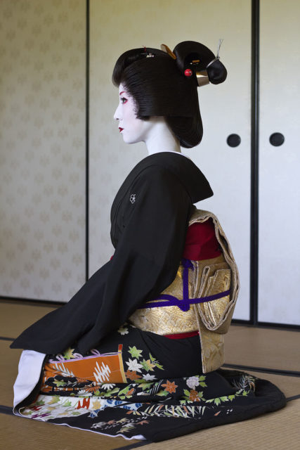 Profile of geisha Kimiha from Miyagawacho, wearing a formal black kimono (tomesode) and a Shimada-styled nihongami wig. Photo Credit