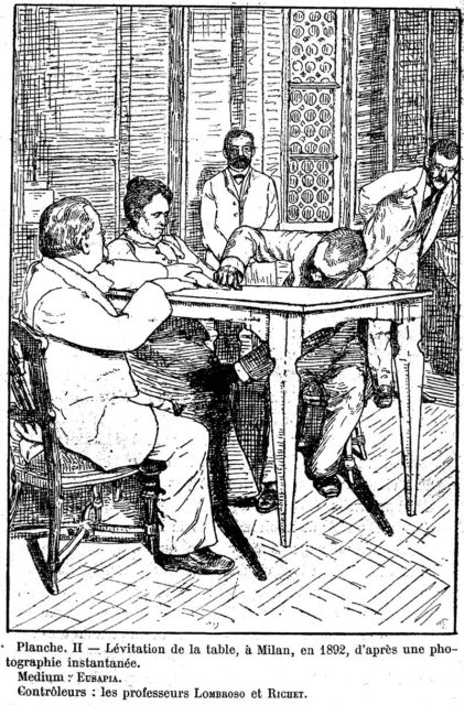 Cesare Lombroso and Charles Richet "control" while Palladino levitates table, Milan, 1892