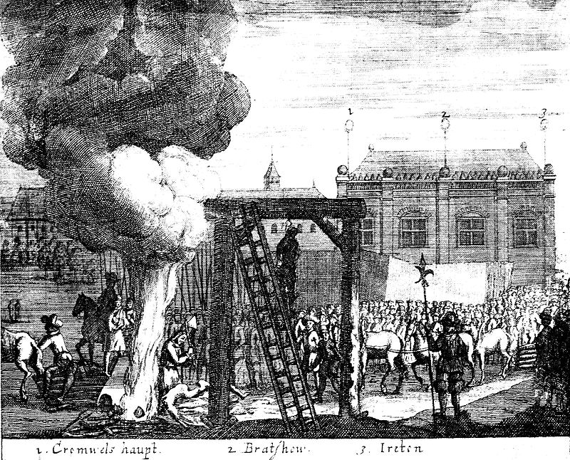 Contemporary scene outside Westminster Hall, showing Tyburn and the three heads mounted on poles on the right. Its caption lists the heads as 1} Cromwell; 2} Bradshaw and 3} Ireton