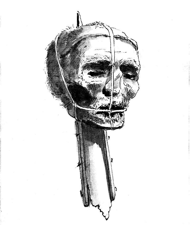 A drawing of Oliver Cromwell's head on a spike from the late 18th century