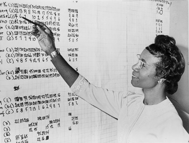 Chisholm reviewing political statistics in 1965