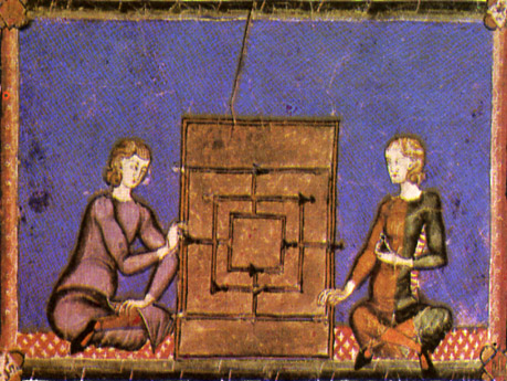 A 13th century illustration in Libro de los Juegos of the game being played with dice.