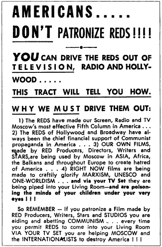 U.S. anti-Communist propaganda of the 1950s, specifically addressing the entertainment industry
