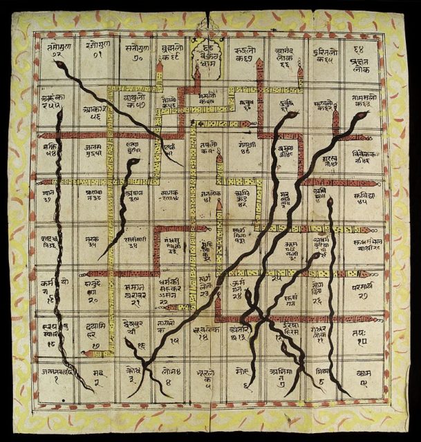 Game of Heaven and Hell (Jnana Bagi). This old Indian game, known to us as 'Snakes and Ladders', was originally a vehicle for teaching ethics. Photo Credit