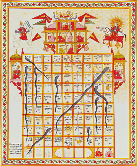 Jain version Game of Snakes & Ladders called jnana bazi or Gyan bazi, India, 19th century, Gouache on cloth.
