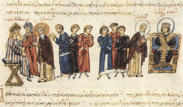 The Byzantine embassy of John the Grammarian in 829 to Ma'mun (depicted left) from Theophilos (depicted right)