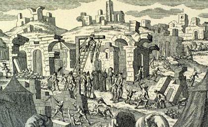 Detail from above: Executions in the aftermath of the Lisbon earthquake. At least 34 looters were hanged in the chaotic aftermath of the disaster. As a warning against looting, King Joseph I of Portugal ordered gallows to be constructed in several parts of the city.