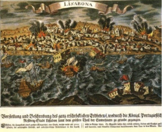 A depiction of the 1755 Lisbon earthquake as seen from across the Tagus River.