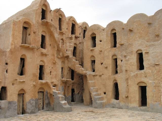 Multi-level ghorfas, as seen at Ksar Ouled Soltane in southern Tunisia. Photo Credit