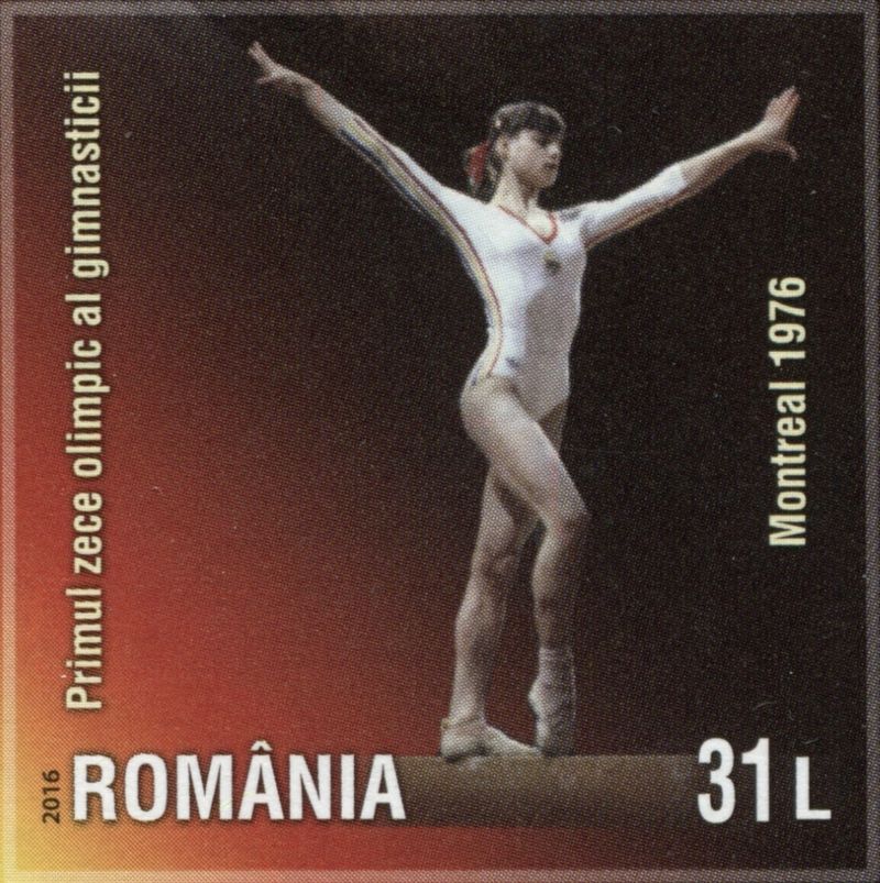 Comaneci on the balance beam at the 1976 Olympics, a 2016 stamp of Romania