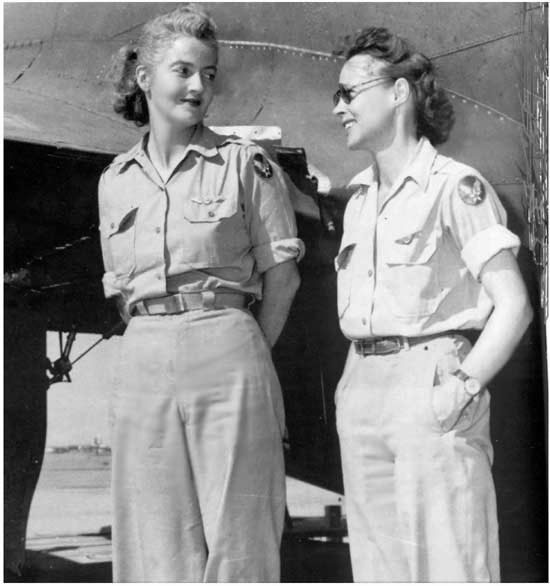 Nancy Love, pilot (left), and Betty (Huyler) Gillies, co-pilot, the first women to fly the Boeing B-17 Flying Fortress heavy bomber