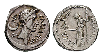 A denarius depicting Julius Caesar, dated February–March 44 BC; the goddess Venus is shown on the reverse, holding Victoria and a scepter. Photo Credit