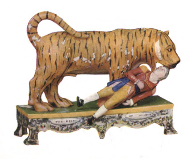 Staffordshire pottery c. 1814 from the Walton school depicting a tiger mauling Lt. Hugh Munro, the only son of General Hector Munro (1726 – 1805).