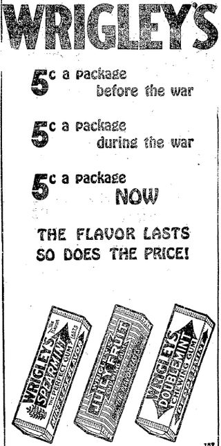 A newspaper ad from 1920 for three types of Wrigley's gum