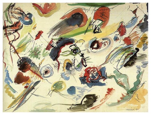 Untitled (1911). Kandinsky is solely credited to be the first artist to create a pure abstract piece of art. This untitled watercolor painting is the first example. The painting is now in the Centre Pompidou in Paris. During this period, Francis Picabia and Piet Mondrian were also beginning to experiment with similar patterns.